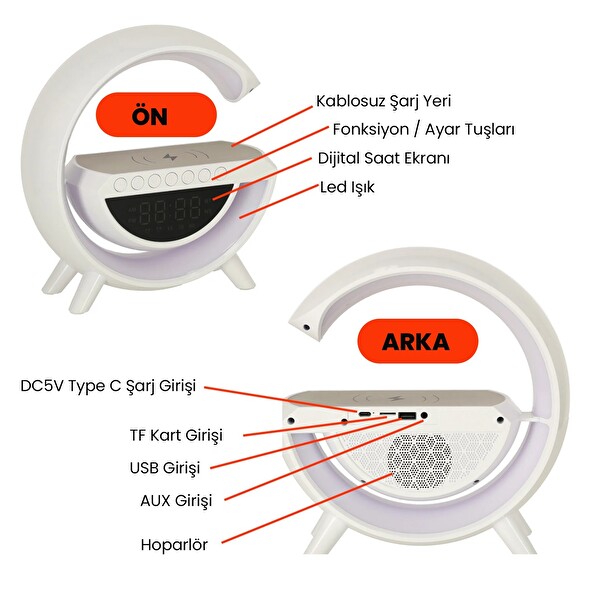 Upway Kablosuz Şarjlı RGB Işıklı Dijital Saatli FM Radyo Bluetooth Hoparlör