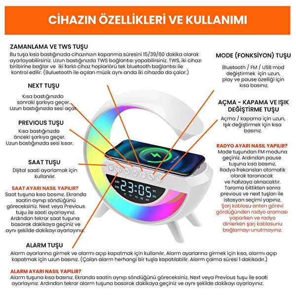 Upway Kablosuz Şarjlı RGB Işıklı Dijital Saatli FM Radyo Bluetooth Hoparlör