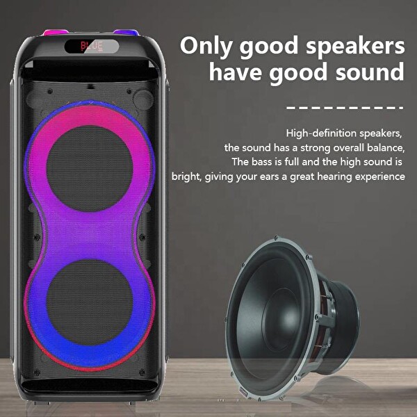 Rose SP-414 Şarjlı Telsiz Mikrofonlu Bluetooth Tekerlekli Taşınabilir Işıklı Hoparlör