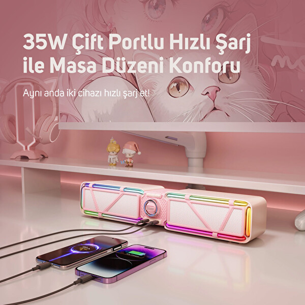 Divoom D-base 30W Masaüstü Rgb Işıklı Çift Portlu 35W Hızlı Şarj USB/Aux 6.0 Pembe Bluetooth Gaming Hoparlör