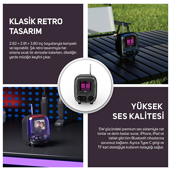 Divoom Tiivoo-2 FM Kablosuz Piksel Ekranlı Retro Taşınabilir Radyolu Mini Bluetooth Hoparlör Siyah