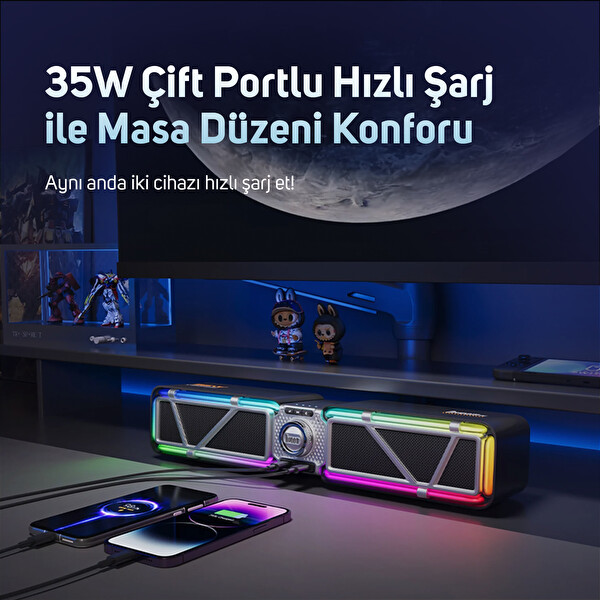 Divoom D-base 30W Rgb Işıklı Çift Portlu 35W Hızlı Şarj USB/Aux 6.0 Masaüstü Bluetooth Gaming Hoparlör Siyah