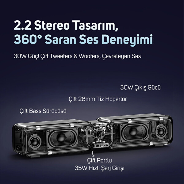 Divoom D-base 30W Rgb Işıklı Çift Portlu 35W Hızlı Şarj USB/Aux 6.0 Masaüstü Bluetooth Gaming Hoparlör Siyah