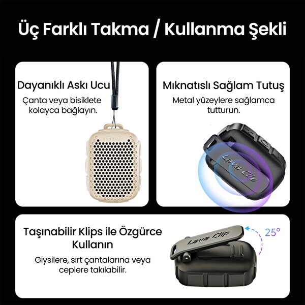 NowGo Lava Clip 5W Klipsli Su Geçirmez Taşınabilir Mini Bluetooth Hoparlör - Siyah