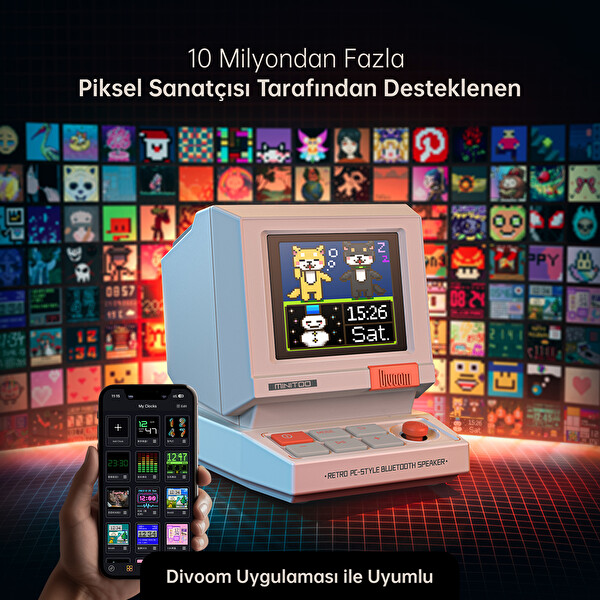 Divoom MiniToo Bluetooth Hoparlör Kablosuz Piksel Ekranlı Retro Taşınabilir Ses Bombası Beyaz