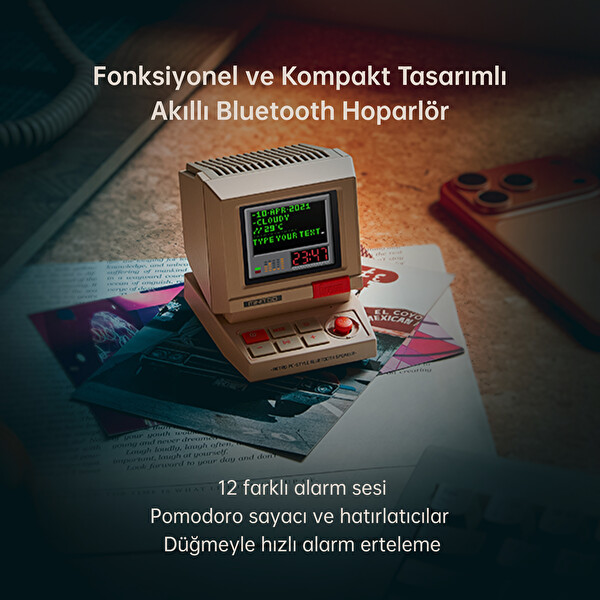 Divoom MiniToo Bluetooth Hoparlör Kablosuz Piksel Ekranlı Retro Taşınabilir Ses Bombası Beyaz