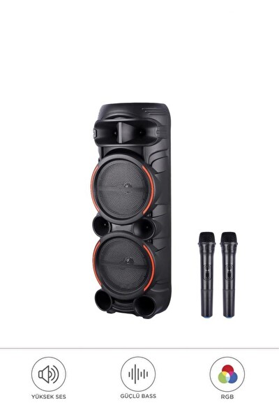 Başkenttekno 2058 Çift Kablosuz Mikrofonlu RGB Ledli FM USB TF Taşınabilir Bluetooth Hoparlör