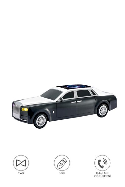 Başkenttekno D82 Rolls-Royce Görünümlü Araba Led Ekranlı 15W FM-USB-TWS Bluetooth Hoparlör - Siyah