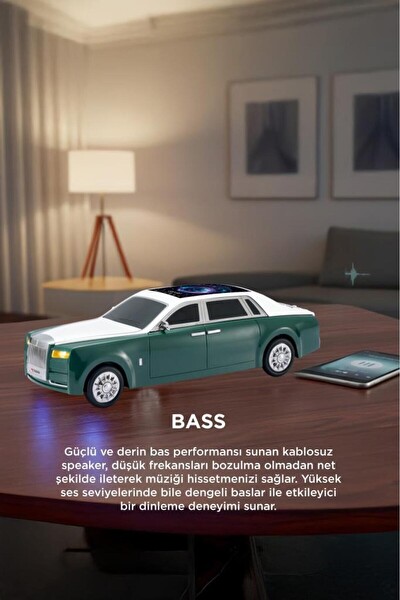 Başkenttekno D82 Rolls-Royce Görünümlü Araba Led Ekranlı 15W FM-USB-TWS Bluetooth Hoparlör - Yeşil