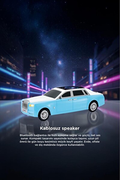 Başkenttekno D82 Rolls-Royce Görünümlü Araba Led Ekranlı 15W FM-USB-TWS Bluetooth Hoparlör - Mavi