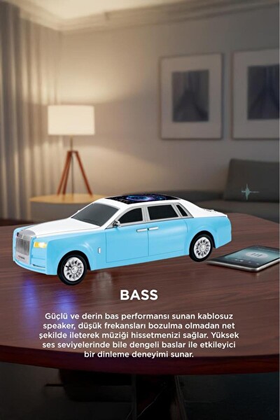 Başkenttekno D82 Rolls-Royce Görünümlü Araba Led Ekranlı 15W FM-USB-TWS Bluetooth Hoparlör - Mavi