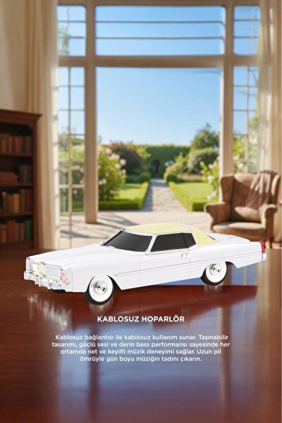 Başkenttekno D83 Cadillac 1969 Görünümlü Retro Klasik Araba Tasarımlı 10W FM-USB-TWS Bluetooth Hoparlör - Beyaz