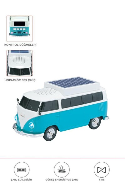 Başkenttekno D70 Retro Araba Vosvos Tasarımlı Solar Şarjlı Speaker Bluetooth Hoparlör - Turkuaz