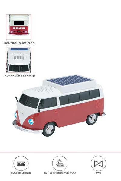 Başkenttekno D70 Retro Araba Vosvos Tasarımlı Solar Şarjlı Speaker Bluetooth Hoparlör - Kırmızı