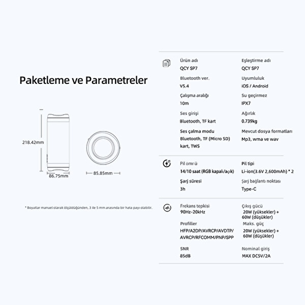 Qcy SP7 40W Taşınabilir Bluetooth Hoparlör 14 Saat Dinleme RGB Işık IPX7 TF Kart Girişli - Kırmızı