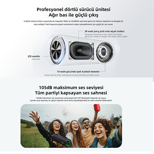 Qcy SP7 40W Taşınabilir Bluetooth Hoparlör 14 Saat Dinleme RGB Işık IPX7 TF Kart Girişli - Kırmızı