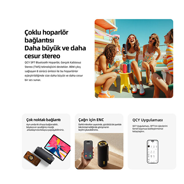 Qcy SP7 40W Taşınabilir Bluetooth Hoparlör 14 Saat Dinleme RGB Işık IPX7 TF Kart Girişli - Kırmızı