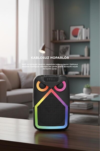 Başkenttekno D84 Baykuş Görünümlü 50W RGB LED Işıklı Kablosuz Mikrofonlu Taşınabilir Bluetooth Hoparlör