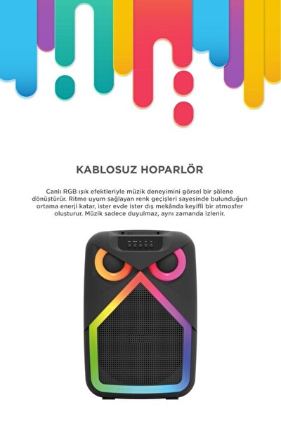 Başkenttekno D84 Baykuş Görünümlü 50W RGB LED Işıklı Kablosuz Mikrofonlu Taşınabilir Bluetooth Hoparlör