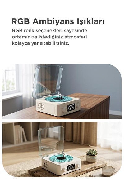 Torima Q3 Bluetooth Hoparlör Dijital Saatli Pikap Tasarımlı Radyolu Şarjlı Speaker Beyaz