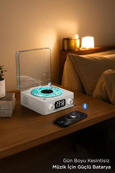 Torima Q3 Bluetooth Hoparlör Dijital Saatli Pikap Tasarımlı Radyolu Şarjlı Speaker Beyaz