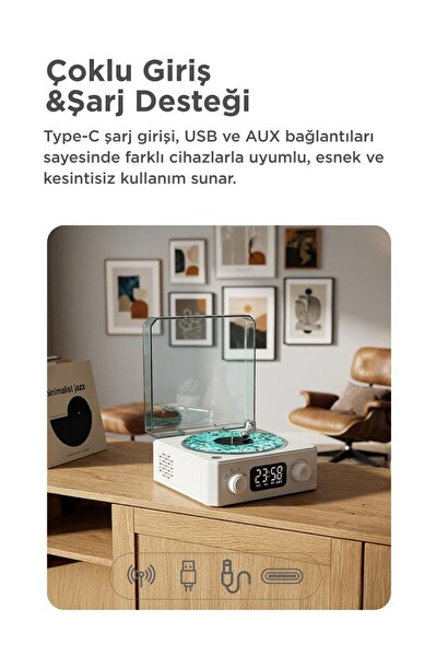 Torima Q3 Bluetooth Hoparlör Dijital Saatli Pikap Tasarımlı Radyolu Şarjlı Speaker Beyaz