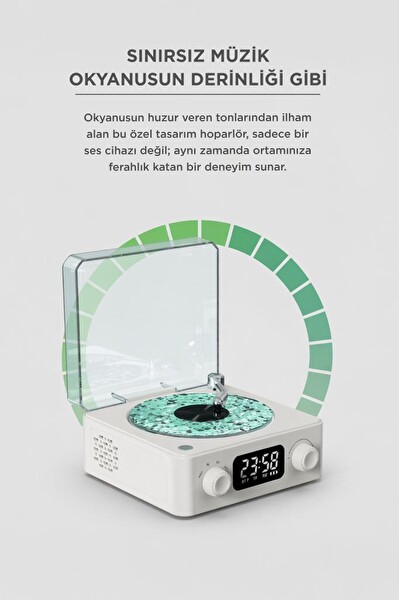 Torima Q3 Bluetooth Hoparlör Dijital Saatli Pikap Tasarımlı Radyolu Şarjlı Speaker Beyaz