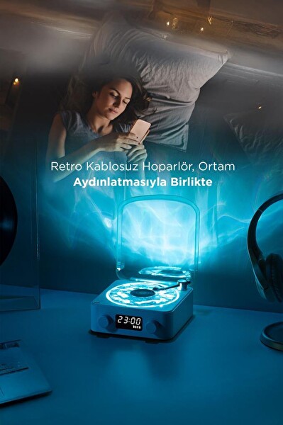 Torima Q3 Bluetooth Hoparlör Dijital Saatli Pikap Tasarımlı Radyolu Şarjlı Speaker Beyaz