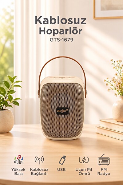 Başkenttekno GTS-1679 Bluetooth Hoparlör Rgb Işıklı FM Radyo Kablosuz Taşınabilir Speaker Bej