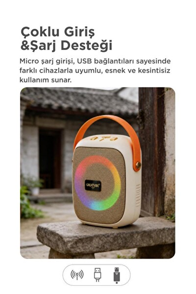 Başkenttekno GTS-1679 Bluetooth Hoparlör Rgb Işıklı FM Radyo Kablosuz Taşınabilir Speaker Bej