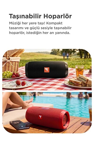 Başkenttekno D47 Bluetooth Hoparlör Kablosuz Taşınabilir Ses Bombası TWS USB TF Kırmızı