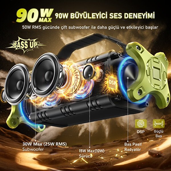 W-King D8-1 90W Ultra Bass 40 Saat Çalma Süreli IPX6 Suya Dayanıklı Stereo Bluetooth Hoparlör