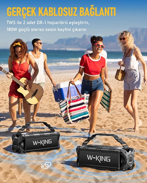 W-King D8-1 50W Ultra Bas 40 Saat Çalma Süreli IPX6 Suya Dayanıklı Stereo Bluetooth Hoparlör