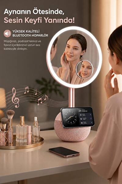 Torima TRM04 Led Işıklı Makyaj Aynalı Kablosuz Şarj Cihazı Rose Gold Bluetooth Hoparlör