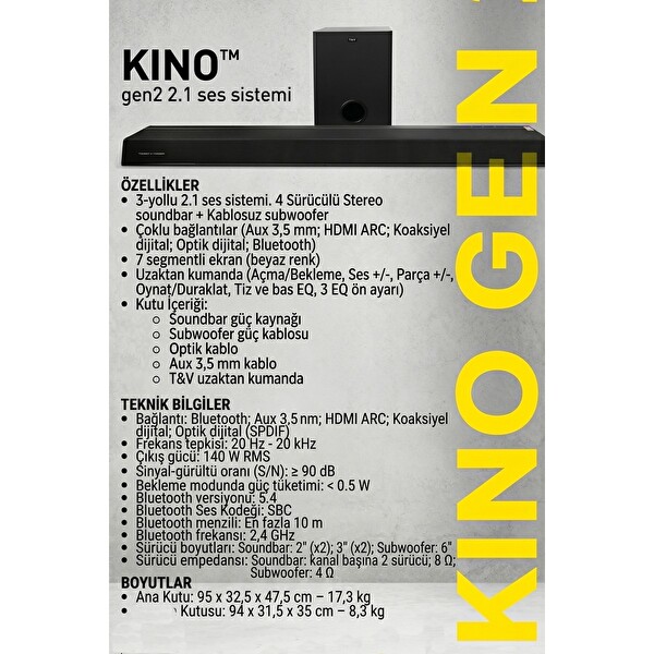 Thonet & Vander Kino Gen2 140W RMS Bluetooth HDMI 2.1 Soundbar - Kablosuz Subwoofer Uzaktan Kumandalı Ev Sinema Sistemi