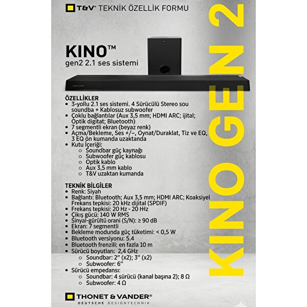 Thonet & Vander Kino Gen2 140W RMS Bluetooth HDMI 2.1 Soundbar - Kablosuz Subwoofer Uzaktan Kumandalı Ev Sinema Sistemi