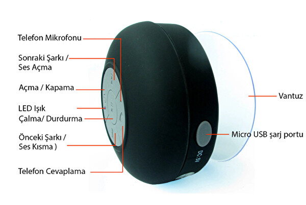 Aek-Tech Su Geçirmez Mini Bluetooth Duş Hoparlörü Siyah