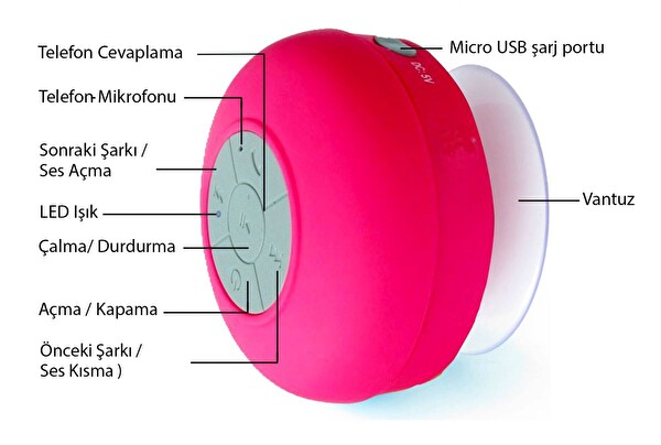 Aek-Tech Su Geçirmez Mini Bluetooth Duş Hoparlörü Pembe