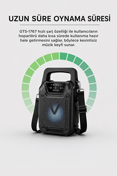 Torima GTS-1767 RGB Işıklı El Fenerli Kablosuz Bluetooth Hoparlör Siyah