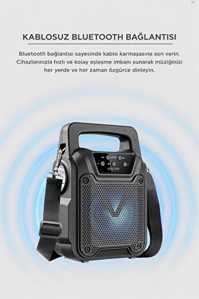 Torima GTS-1767 RGB Işıklı El Fenerli Kablosuz Bluetooth Hoparlör Siyah