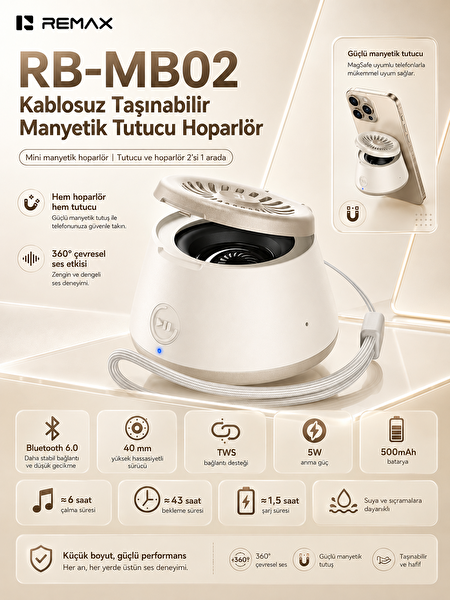 Remax RB-MB02 MagSafe Manyetik 2'si 1 Arada Telefon Tutucu ve 5 W Bluetooth Hoparlör Altın