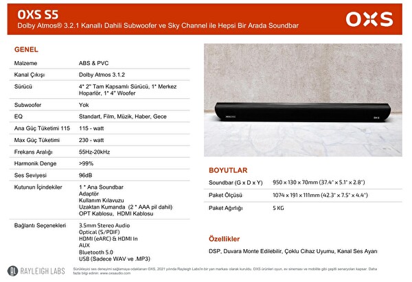 OXS S5 Dolby Atmos HDMI eARC, Dolby Atmos 3.1.2 Dahili Subwoofer Merkez Hoparlör Bluetooth ve Çok Kablolu Bağlantı 5 EQ, 4K HDR