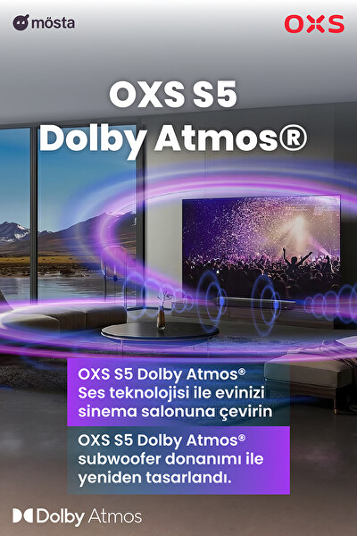 OXS S5 Dolby Atmos HDMI eARC, Dolby Atmos 3.1.2 Dahili Subwoofer Merkez Hoparlör Bluetooth ve Çok Kablolu Bağlantı 5 EQ, 4K HDR