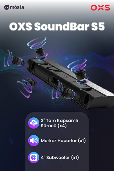 OXS S5 Dolby Atmos HDMI eARC, Dolby Atmos 3.1.2 Dahili Subwoofer Merkez Hoparlör Bluetooth ve Çok Kablolu Bağlantı 5 EQ, 4K HDR
