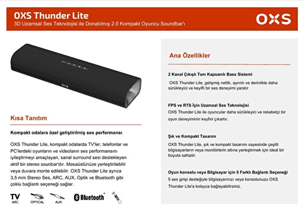 OXS S2 Thunder Lite PC Oyun Soundbar Sanal Surround Sesli TV ve Bilgisayar İçin Ses Barları