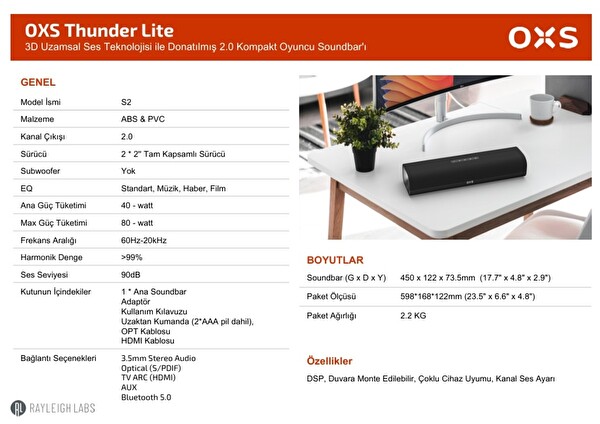 OXS S2 Thunder Lite PC Oyun Soundbar Sanal Surround Sesli TV ve Bilgisayar İçin Ses Barları
