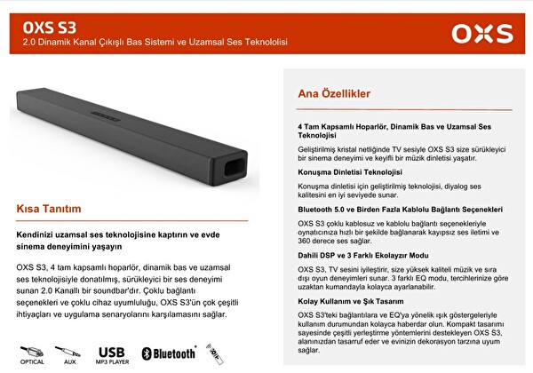 OXS S3 TV için Ses Barları Dahili Subwoofer İle Ev Sineması Ses Sistemi 3D Surround Ses Sistemi TV Ses Çubuğu