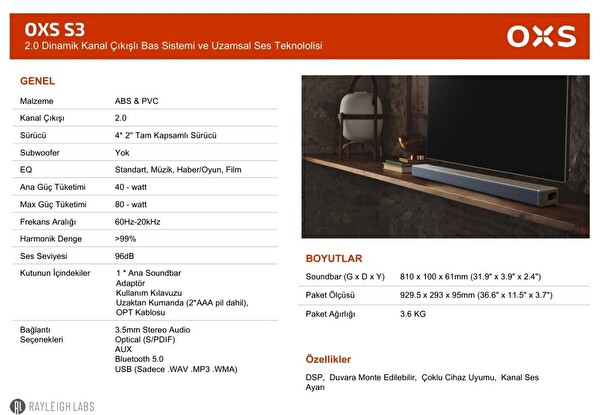 OXS S3 TV için Ses Barları Dahili Subwoofer İle Ev Sineması Ses Sistemi 3D Surround Ses Sistemi TV Ses Çubuğu