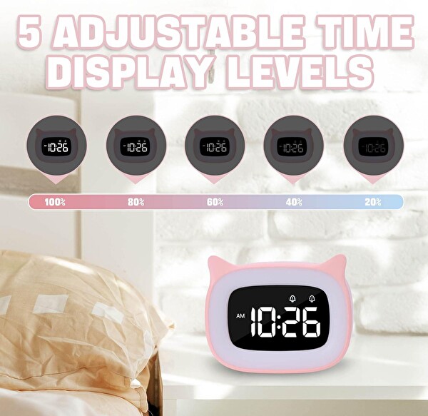 Valkyrie Çok Şirin Kedi Masaüstü Saat Şarjlı LED Işıklı Sevimli Saat - Pembe