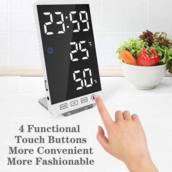 Valkyrie Aynalı LED Dereceli Nem Ölçer Alarmlı Masa Saati - Beyaz